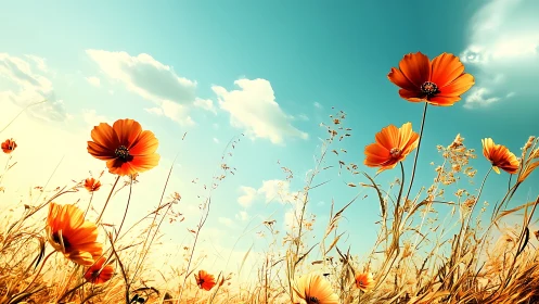 Orange wildflowers in sunlit field under clear blue sky.