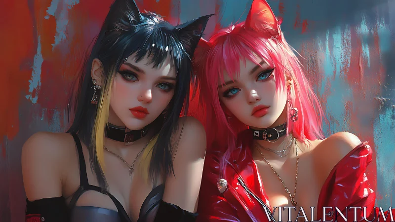 Two stylized cat-eared women in glossy urban setting.