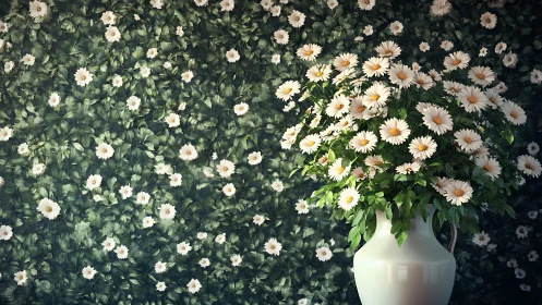 White ceramic vase holds daisy bouquet against dense floral wall.
