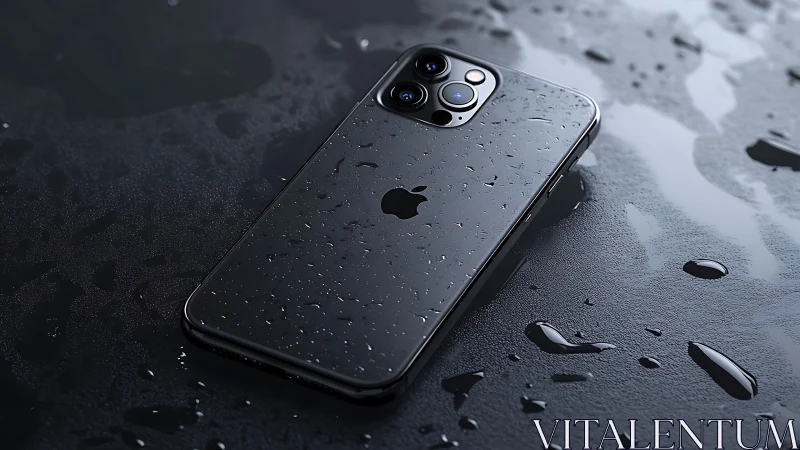 iPhone Pro with Water Droplets on Metallic Surface.