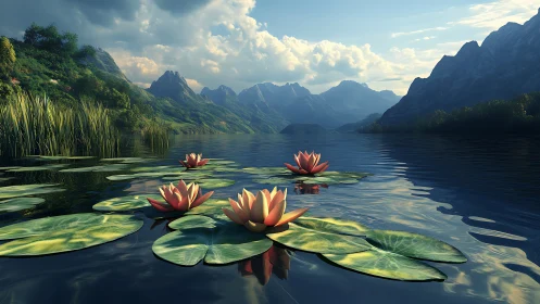 Water lilies float on a calm mountain lake at sunset