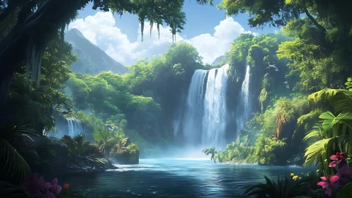 Sunlit jungle waterfall invites quiet moments of calm wonder