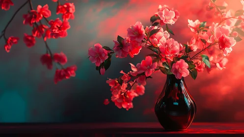Red camellias in dark glass vase with dramatic lighting.