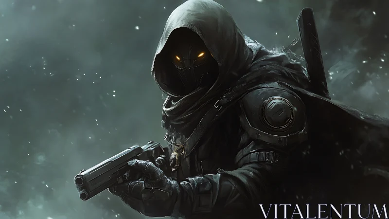 Hooded cybernetic assassin with glowing eyes in arctic storm.
