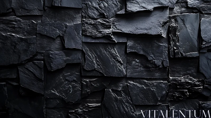 Layered black slate wall shows controlled chiaroscuro texture