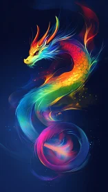 Radiant rainbow dragon coils through luminous cosmic night.
