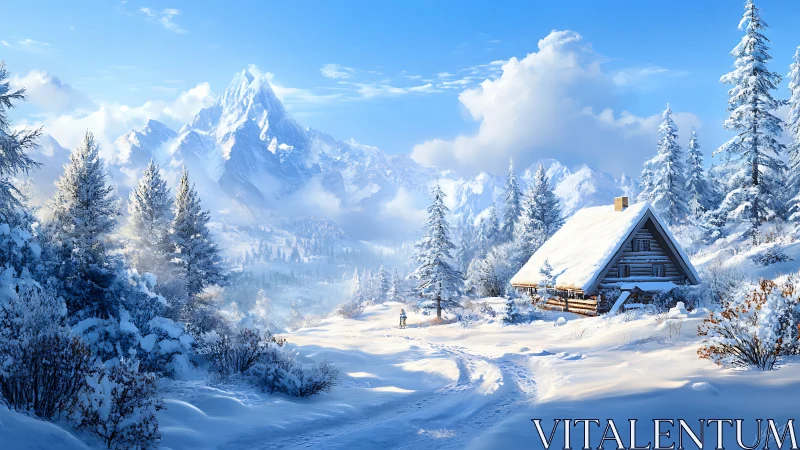 Snow-laden alpine cabin under high-contrast directional winter light