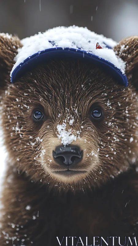 Snowy bear cub in a cap, gazing straight into winter.