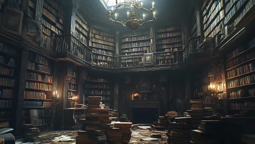 Candlelit labyrinth library where towering book piles breathe.