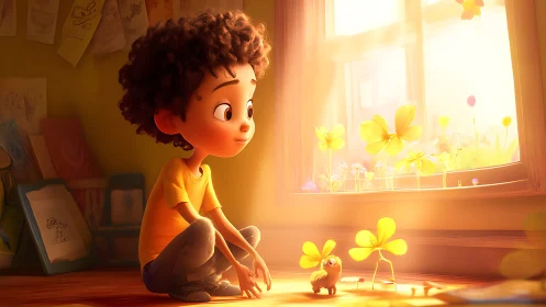 Sunlit child watches tiny creature bloom by glowing window