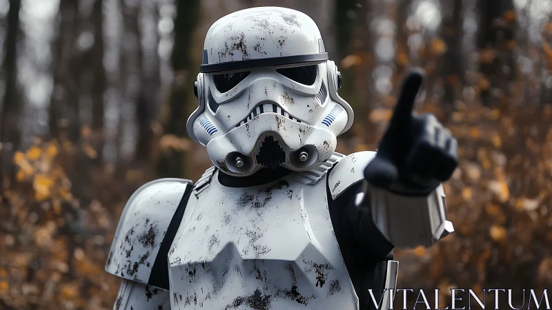 Weathered trooper armor in shallow-depth forest standoff.