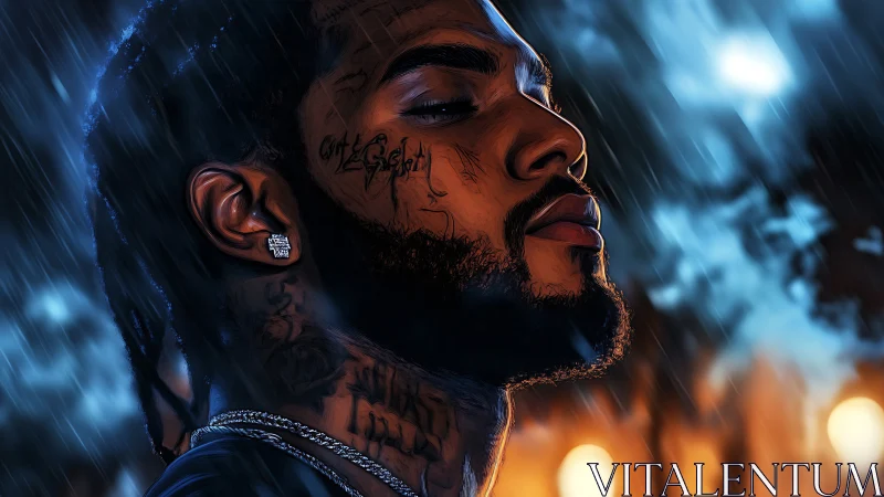 Profile portrait depicts stylized male figure in rainy night