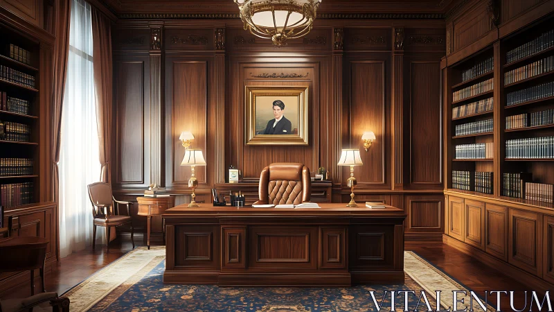 Traditional wood paneled executive office with library wall.