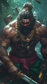 Warrior figure with sword and ornaments in dense foliage.