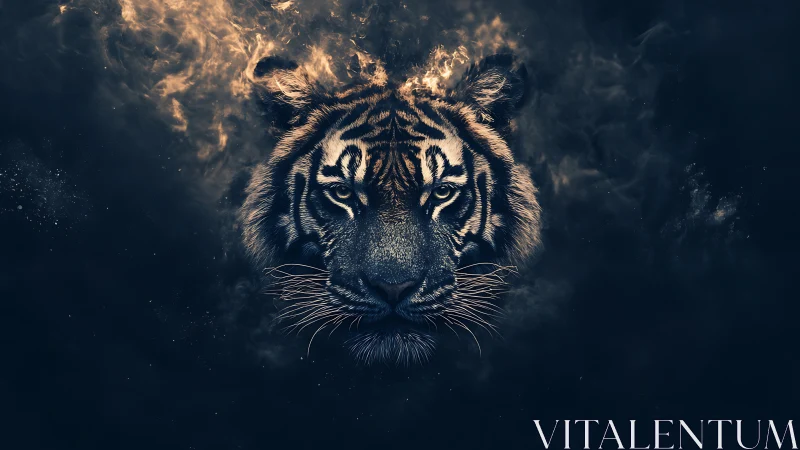Symmetrical tiger portrait merges with swirling fiery particle nebula