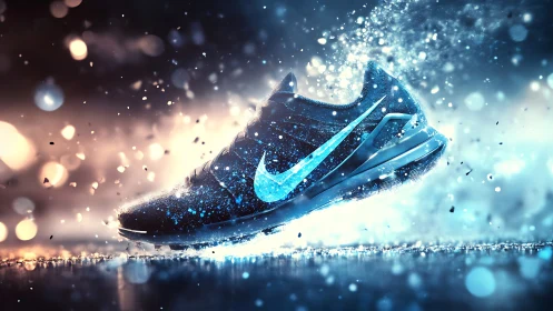 Dynamic blue running shoe in motion with energy burst.