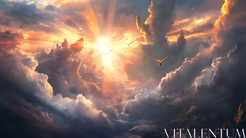Radiant sky opens as golden birds soar through glowing clouds