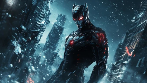 Cybernetic warrior stands in frozen dystopian city ruin