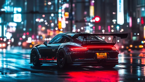 Neon-soaked sports car roaring through futuristic city streets.