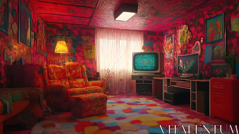 Retro living room shows saturated decor and dual televisions