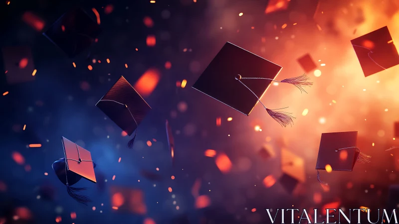 Graduation caps soaring through glowing bokeh sparks.