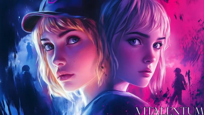 Twin blonde girls in neon blue and pink dramatic lighting.