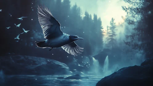 Mystic bird gliding over foggy forest waterfall at dusk.