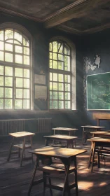 Sunlit abandoned classroom with aged desks and chalkboard
