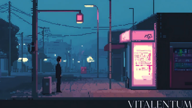 Nocturnal pixel street scene with neon-lit urban kiosk.