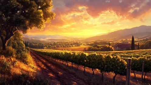 Golden sunset bathes a tranquil vineyard in soft warmth