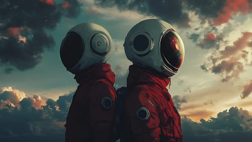 Two astronauts stand back to back under a dramatic sky