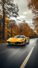 Yellow sports car on wet forest road in autumn weather.