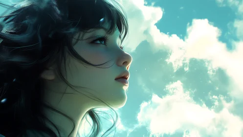 Girl profile rendered against bright clouds in blue sky