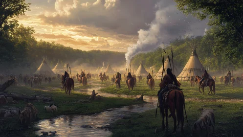 Horse riders entering a riverside teepee village at dusk.