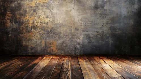 Weathered concrete wall meets worn wooden floor contrast