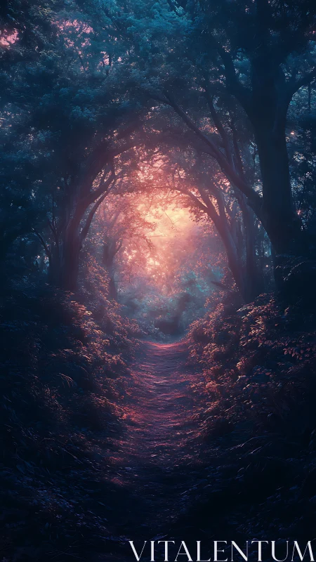 Luminescent Forest Tunnel with Golden Light Breakthrough.