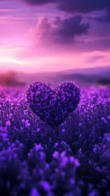 Heart-shaped purple flower formation in lavender field under dramatic magenta twilight sky.