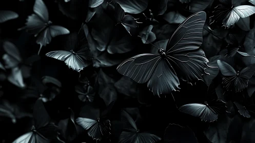 Dark metallic butterflies drift through a moody nocturnal haze