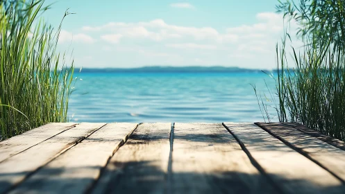 Sunlit wooden dock opens onto a tranquil blue lakeshore