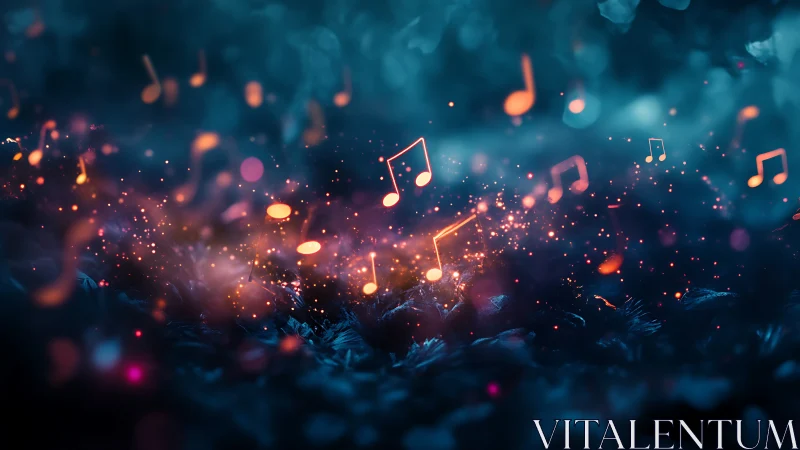 Glowing musical notes drift through dark blue abstract haze