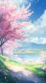 Cherry blossom hillside path overlooks distant river valley