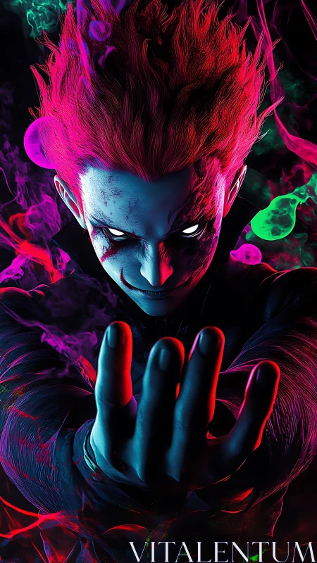 Sinister neon sorcerer reaching through blazing chroma haze.