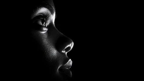 Dramatic black and white profile portrait of a woman in low light.