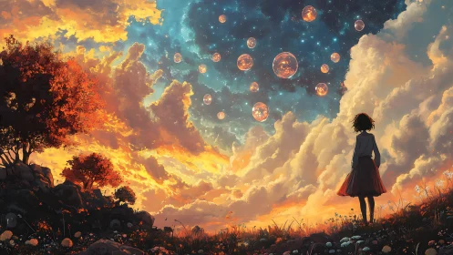 Anime sunset skyscape with celestial orbs and figure silhouette.