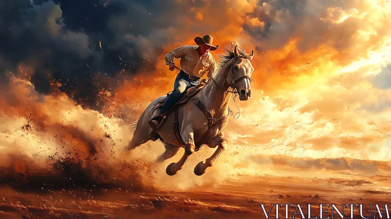 Wild-hearted cowboy rides into a blazing sunset sky