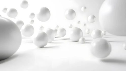 Floating white spheres drift through a bright minimal dreamscape.