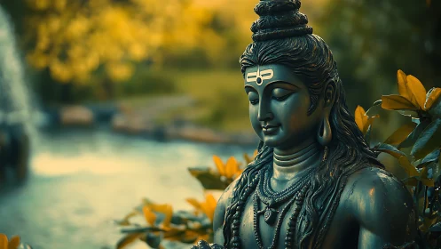 Serene Shiva sculpture in shallow-depth riverside bokeh field.