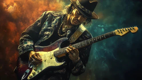Electric guitarist in hat playing under dramatic lighting.