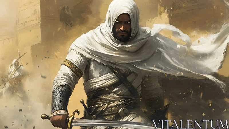 Digital painting of desert assassin in kinetic cloaked motion.