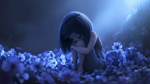 Blue haired girl curled among glowing night flowers.
